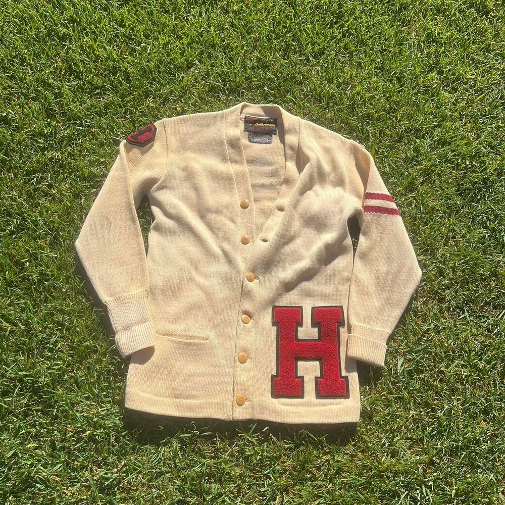 Burds’s 60s / 70s cardigan sweater harvard? mens size L varsity